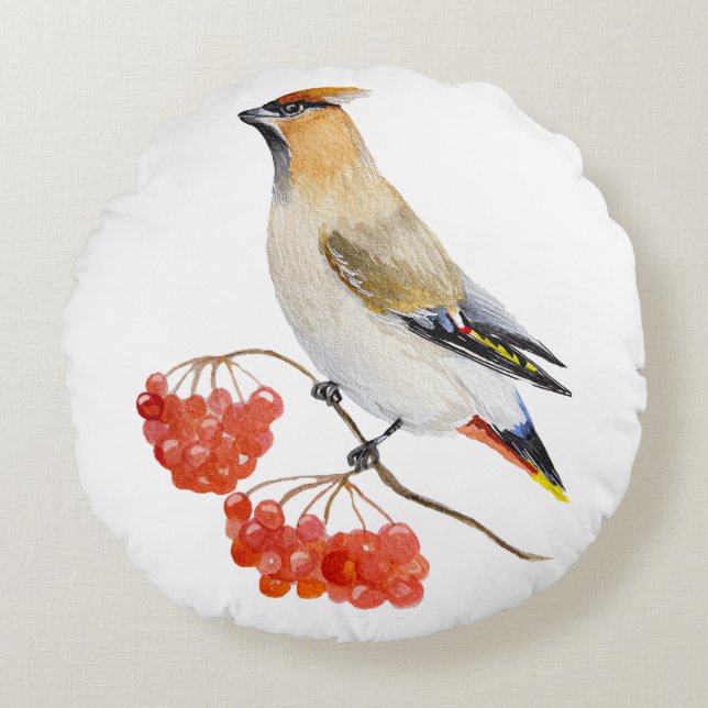 Aquarellwaldvogel wächst rundes kissen (Vorderseite)