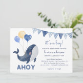 Aquarellwale Ahoy ist eine Baby-Dusche Einladung (Stehend Vorderseite)