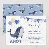 Aquarellwale Ahoy ist eine Baby-Dusche Einladung (Vorne/Hinten)