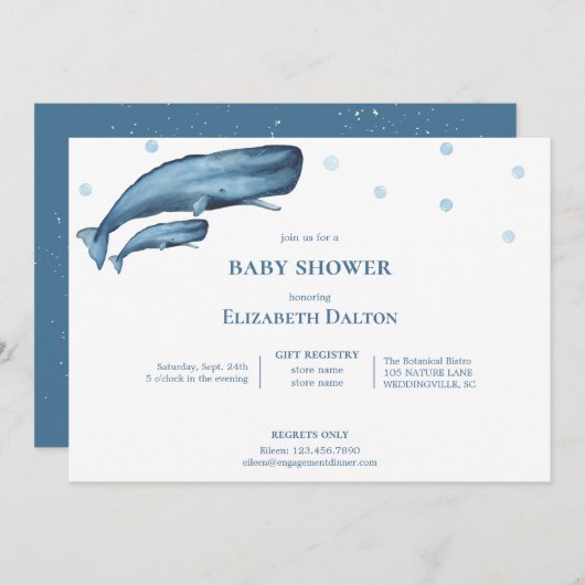 Aquarellwale Ocean Baby Dusche Einladung (Vorne/Hinten)