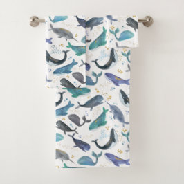 Aquarellwale Ozeanfische Goldblau Badhandtuch Set