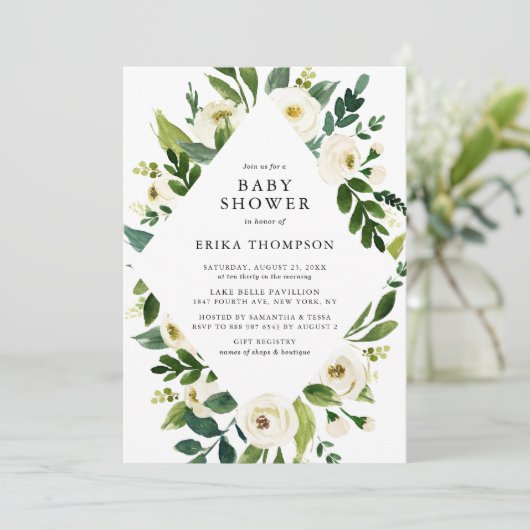 Aquarellweiße Blume Frame Babydusche Einladung (Stehend Vorderseite)
