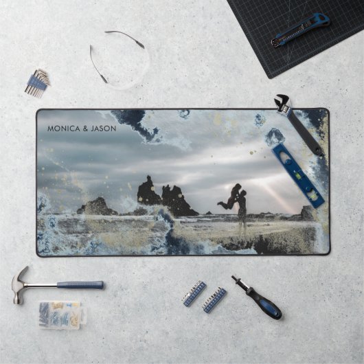 Aquarellwellen paaren Foto-Monogramm Schreibtischunterlage (Arbeitsplatz)