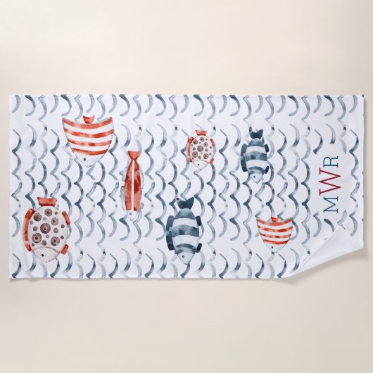 Aquarellwellen Rot und Blau Fische Triple Monogram Strandtuch (Vorderseite)