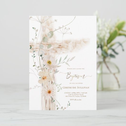 Aquarellwiesen Blume Heiliges Kreuz Taufe Einladung (Stehend Vorderseite)