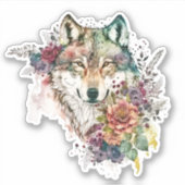 Aquarellwolf mit Blume in der Natur Vinyl Stick Aufkleber (Vorderseite)