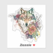 Aquarellwolf mit Blume in der Natur Vinyl Stick Aufkleber (Blatt)