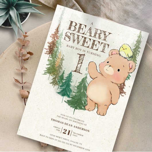 Aquarellwoodland Beary Sweet 1. Geburtstag Einladung