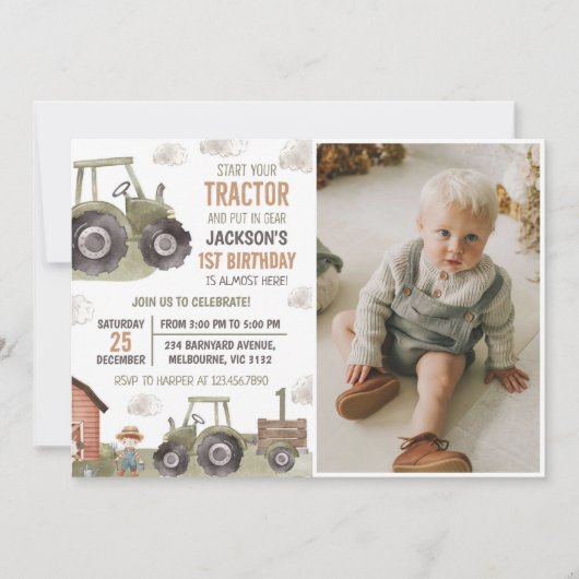 Aquarellzug Farm 1. Geburtstag Foto Einladung (Vorderseite)