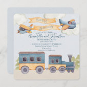Aquarellzug und Flugzeuge Baby Boy Blue Einladung (Vorne/Hinten)
