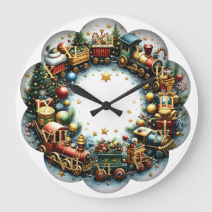 Aquarellzüge auf weiße Weihnachten Große Wanduhr