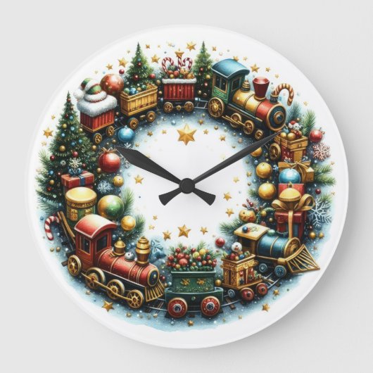 Aquarellzüge auf weiße Weihnachten Große Wanduhr (Vorderseite)