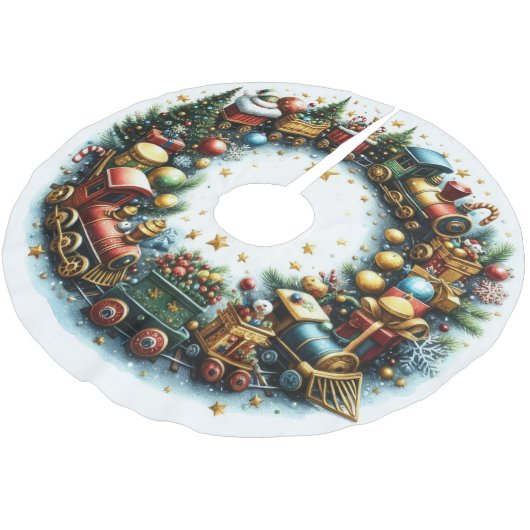 Aquarellzüge auf weiße Weihnachten Polyester Weihnachtsbaumdecke (Schrägansicht)