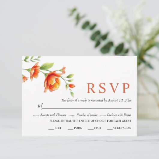 Aquarellzweig mit Orangensaft Blume Hochzeit RSVP Karte (Stehend Vorderseite)