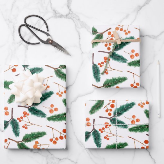 Aquarellzweige und Berries Winter Geschenkpapier Set (Vorderseite)