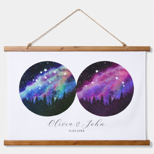 Aquarius Aries Personalisierte Paare Horoskop Wandteppich Mit Holzrahmen (Vorne)