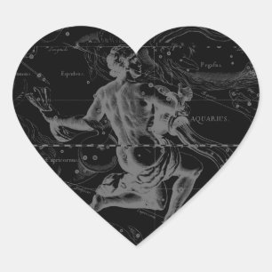 Aquarius Constellation Hevelius 1690 auf Schwarz Herz-Aufkleber