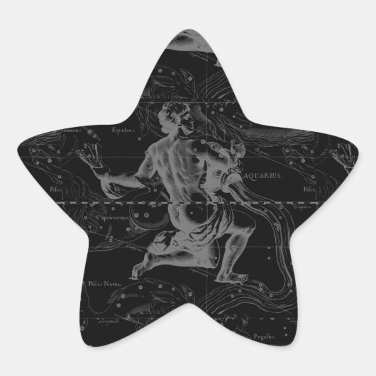 Aquarius Constellation Hevelius 1690 auf Schwarz Stern-Aufkleber (Vorderseite)