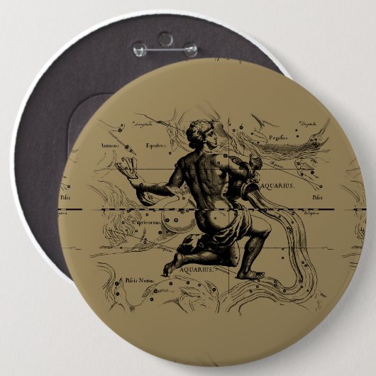 Aquarius Constellation Map Hevelius 1690 auf Taupe Button (Vorne & Hinten)