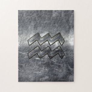 Aquarius Symbol Grunge Distressed Silver Steel Puzzle