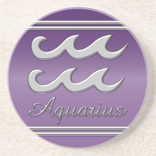 Aquarius-Symbol in Chrome auf Amethyst-Effekt Sandstein Untersetzer (Vorne)