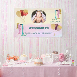 Aquarius Wasserfarbe 1. Geburtstags-Fotoschild Banner