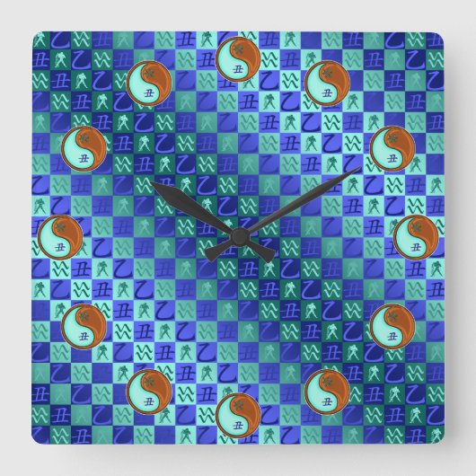 Aquarius & Wood Ox Quadratische Wanduhr (Vorderseite)