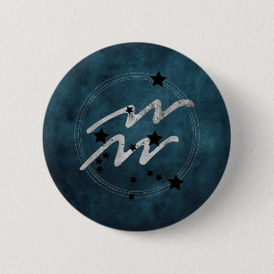 Aquarius zodiac black & silver constellation teal button