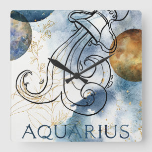 Aquarius zodiac-blaue schwarze Goldplaneten Quadratische Wanduhr