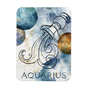 Aquarius zodiac blue black gold text planets magnet