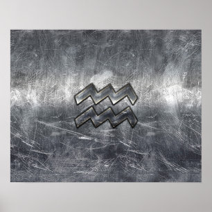 Aquarius Zodiac Distressed Silver Steel Style Poster