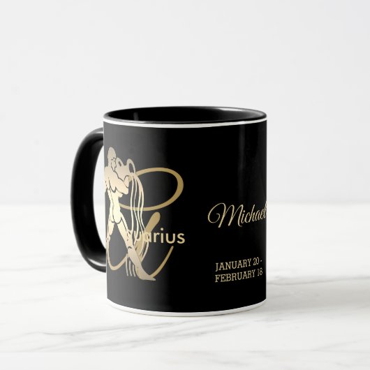 Aquarius ♒ Zodiac Geburtstagszeichen / Schwarz und Tasse (Vorderseite Links)