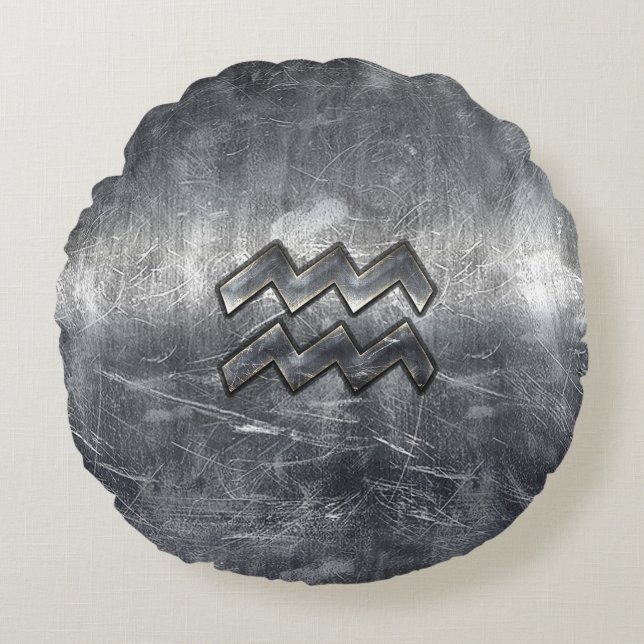 Aquarius Zodiac gestörter Silberstahlstil Rundes Kissen (Vorderseite)