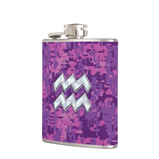 Aquarius Zodiac Sign auf Fuchsia digitale Tarnung Flachmann (Links)