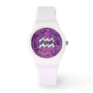 Aquarius Zodiac Sign auf Pink Digital Camouflage Armbanduhr