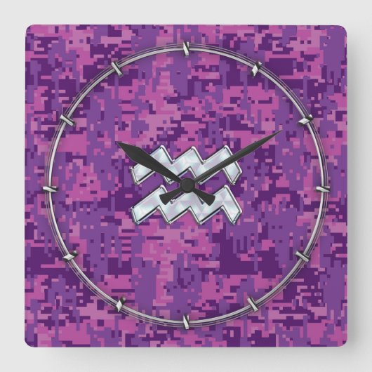 Aquarius Zodiac Sign auf Pink Digital Camouflage Quadratische Wanduhr (Vorderseite)