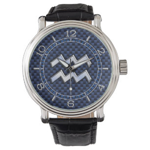 Aquarius Zodiac Sign auf Royal Blue Carbon Dial Armbanduhr