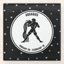 Aquarius Zodiac Sign, Black & White Glass Unterset