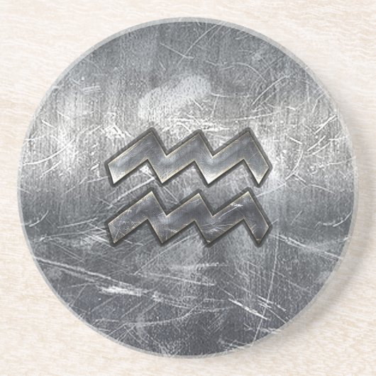 Aquarius Zodiac Symbol Stress Silber Steel Sandstein Untersetzer (Vorne)