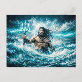Aquarius Zodiac with Trident Warrior in Stormy Oce Postkarte