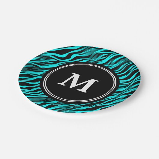 Aquaschwarzer Zebra-Streifen-Monogramm-Pappteller Pappteller (Schrägansicht)