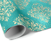 Aquatic Blue Gold Shiny Glass Damask Geschenkpapier (Rolleneckpunkt)