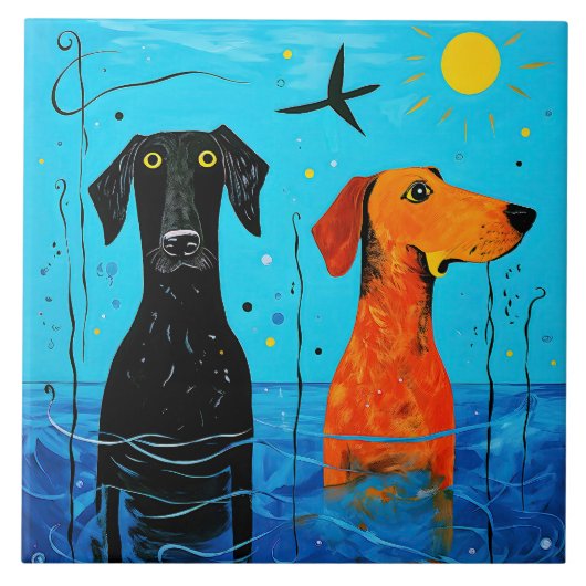"Aquatic Duo of Joy" - surreal farbige Hunde Fliese (Vorderseite)