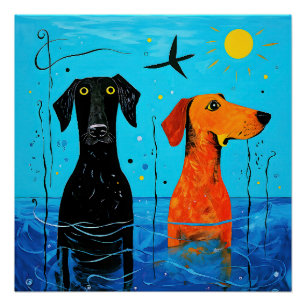 "Aquatic Duo of Joy" - surreal farbige Hunde Poster