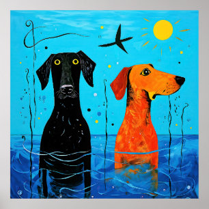 "Aquatic Duo of Joy" - surreal farbige Hunde Poster