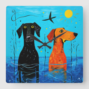 "Aquatic Duo of Joy" - surreal farbige Hunde Quadratische Wanduhr