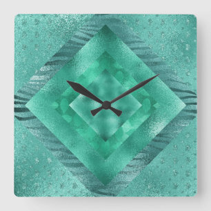 Aquatic Jungle Blue Glitzer Clock Square Quadratische Wanduhr