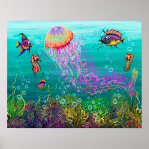 Aquatische Fantasiewelt mit Quallen Poster
