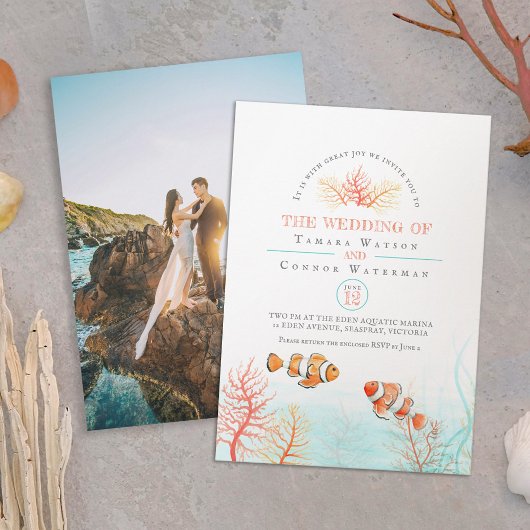 Aquatische Hochzeitskorallenclown-Foto Einladung