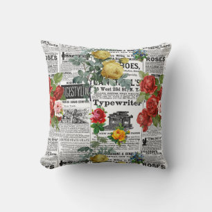 * AR23 Rose Blumenkohl-Blume Vintag Zeitungspapier Kissen